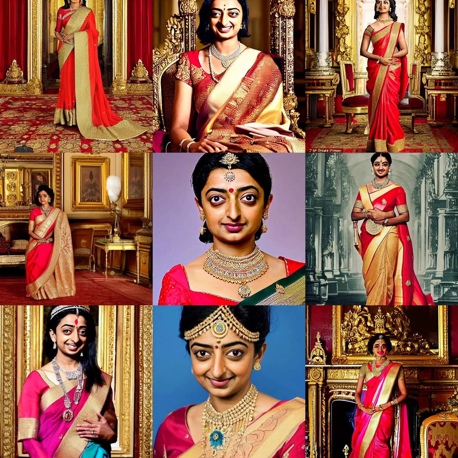 Prompt: Radhika Apte as the Queen of England, wearing an ornate sari, interior of Buckingham Palace, official photo portrait