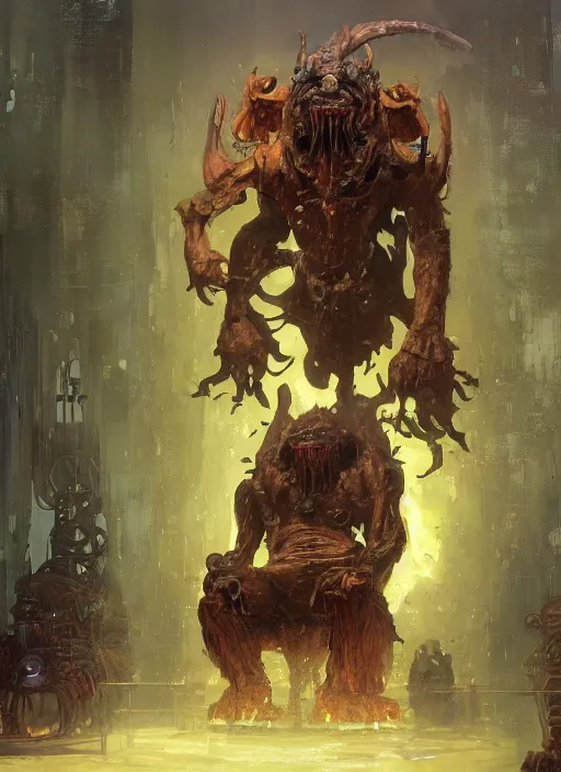 Image similar to hulking brute demon sitting on throne in science fiction hall, by sergey kolesov and lawrence alma tadema and norman rockwell and greg staples and craig mullins and john berkey and rick berry and jeremy mann, artstation creature art