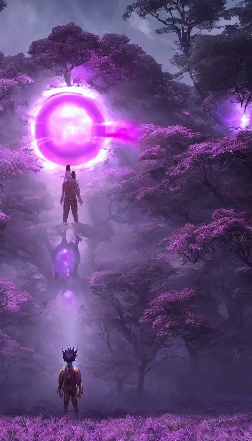 Image similar to a future scifi ancient god on the middle of a purple forest holding a portal that's about to explode, sweat drops, insane, highly detailed, smooth, sharp focus, Unreal Engine 5, 8K, art by Akira Toriyama