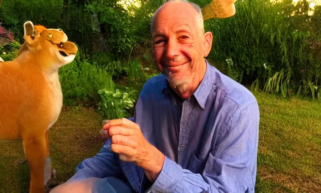 Prompt: My dad Steven just took a hit from the bongo and have good time being gracefully relaxed in the garden, sunset lighting