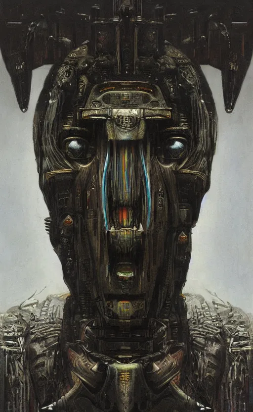 Image similar to portrait of mecha african tribal chief, insibidi symbols, symmetrical, dramatic lighting, art by zdzislaw beksinski,