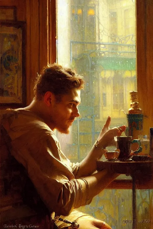 Prompt: irresistible man staring through a window, rainy day cafe painting by gaston bussiere, craig mullins, j. c. leyendecker