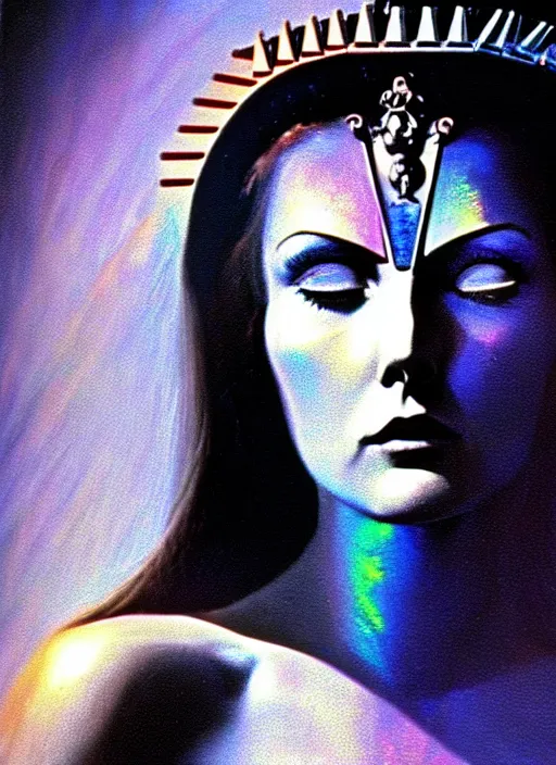 Prompt: 1971 film still of Karen Dillon as the goddess of razor blades. ultra detailed painting at 16K resolution and amazingly epic visuals. epically beautiful image. amazing effect, image looks gorgeously crisp as far as it's visual fidelity goes, absolutely outstanding. vivid clarity. ultra. iridescent. mind-breaking. mega-beautiful pencil shadowing. beautiful face. Ultra High Definition. godly shading. amazingly crisp sharpness. photorealistic film cel processed twice.