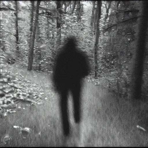 Prompt: Unknown Figure on Trailcam Footage, Dark, Realistic, Film Grain