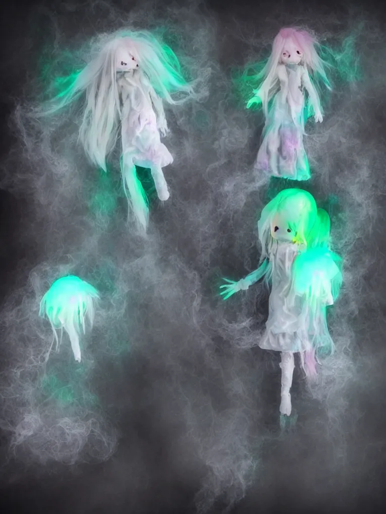 Prompt: cute fumo plush smiling ectoplasmic jellyfish ghost girl waving in deep fog over mysterious reflective waters, patchwork doll chibi gothic maiden in tattered melting rags, glowing pink wisps of hazy green smoke and eerie blue volumetric fog swirling about, moonlight, glowing lens flare, black and white, reflective refractive optics, vray