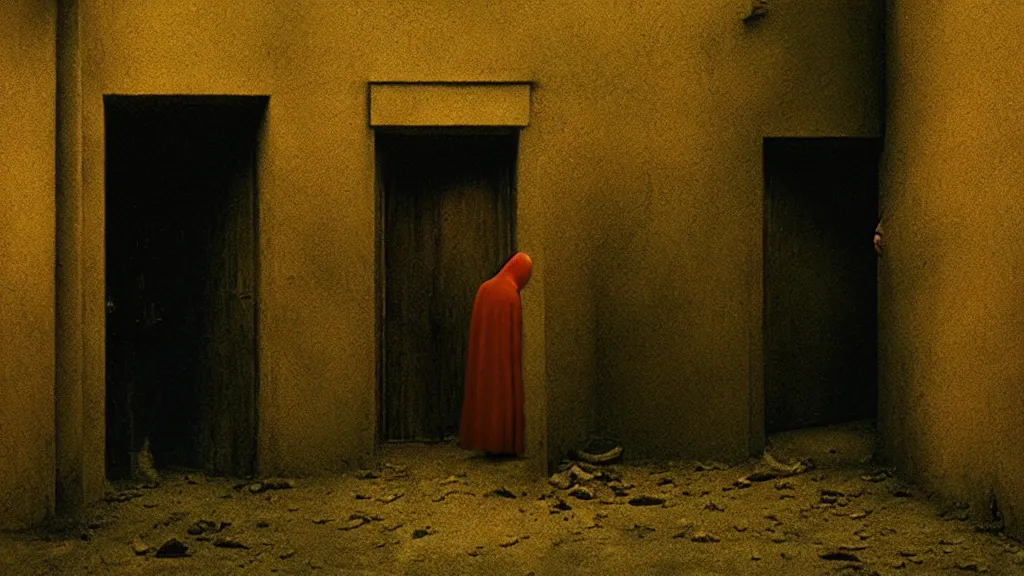 Image similar to the creature in the alley, film still from the movie directed by denis villeneuve and david cronenberg with art direction by salvador dali and zdzisław beksinski, wide lens