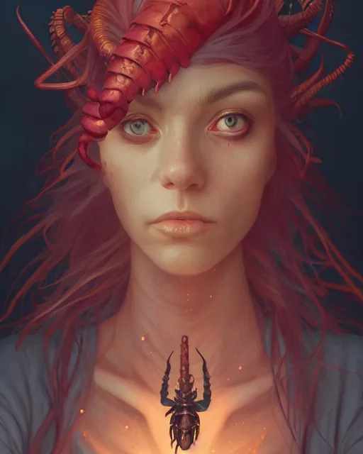 Image similar to highly detailed surreal vfx portrait of a lobsterpunk grim reaper, stephen bliss, unreal engine, greg rutkowski, loish, rhads, beeple, makoto shinkai and lois van baarle, ilya kuvshinov, rossdraws, tom bagshaw, alphonse mucha, global illumination, detailed and intricate environment