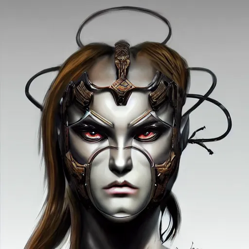 Image similar to a mech version of asian medusa, with a septum nose ring piercing, very symmetrical, highly detailed, by vitaly bulgarov, by joss nizzi, by ben procter, by steve jung, concept art, quintessa, metal gear solid, transformers cinematic universe, concept art world, pinterest, artstation, unreal engine