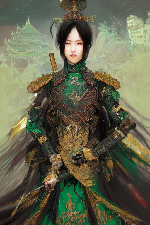 Image similar to portrait black hair young knights of Dynasty Warriors girl, metallic green armor, in ruin fire chinese palace sunrise, ssci-fi and fantasy, intricate and very beautiful and elegant, digital painting, artstation, concept art, smooth and sharp focus, illustration, art by tian zi and WLOP and alphonse mucha