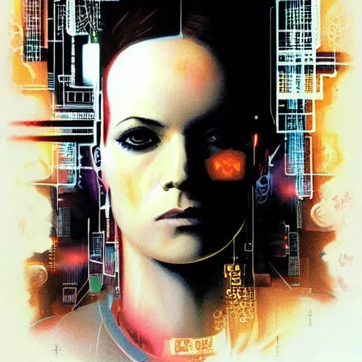 Image similar to Molly from the novel Neuromancer, eye implants, portrait shot, cyberpunk, illustration, poster art by Drew Struzan