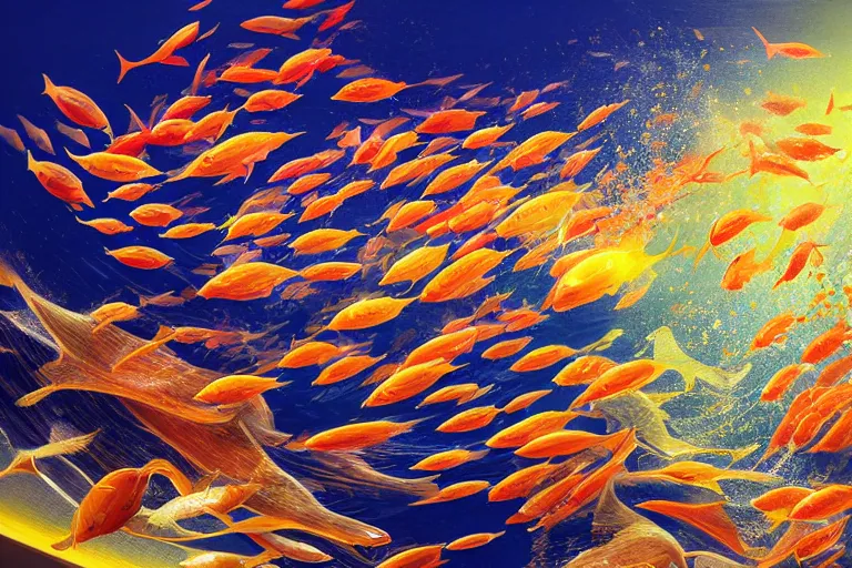 Image similar to portrait of goldfishes swarming the ocean. shadow and light. rays of light. energetic, dynamic, lively, detailed, intricate, complex. fine art by hayao miyazaki, akira toriyama, makoto shinkai, and ohara koson. studio lighting. tilt and shift lens.