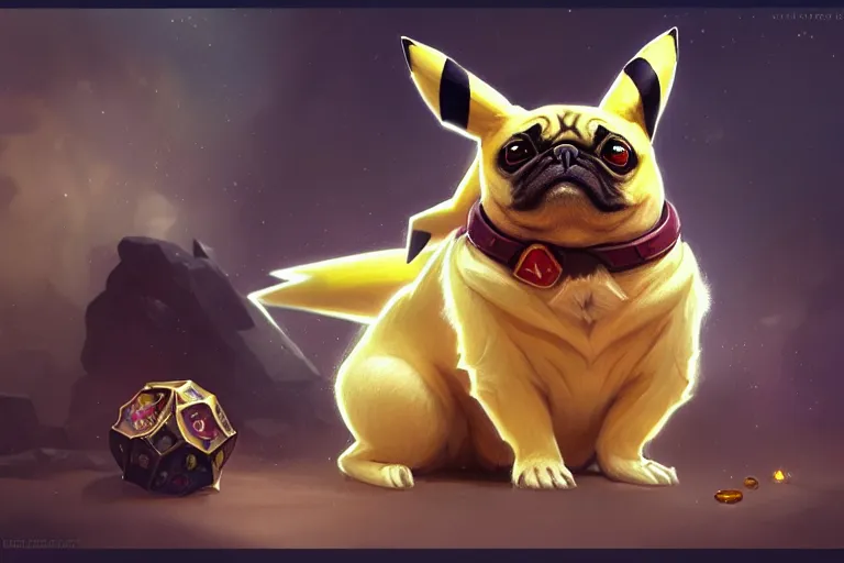 Image similar to photography of pikachu pug, deep focus, d & d, intricate, elegant, highly detailed, digital painting, artstation, concept art, matte, sharp focus, illustration, hearthstone, art by artgerm and greg rutkowski and alphonse mucha