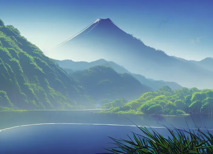 Prompt: misty japanese bamboo forest, lake foreground, large distant mountain with waterfall, sunny, cartoony, stylized anime, sun rays, soft, moody lighting, by hayao miyazaki, ghibli studio, makoto shinkai, toei animation, studio trigger, trending on artstation, 4 k, hd