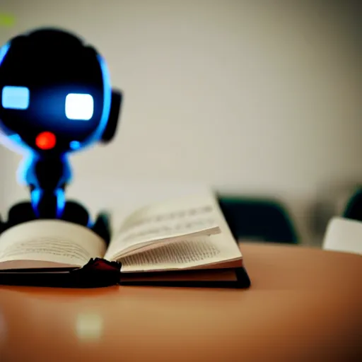 Image similar to photorealistic robot studying using a pen on a book, school chair and table, close shot, cinematic, ultra - detailed, 8 k,