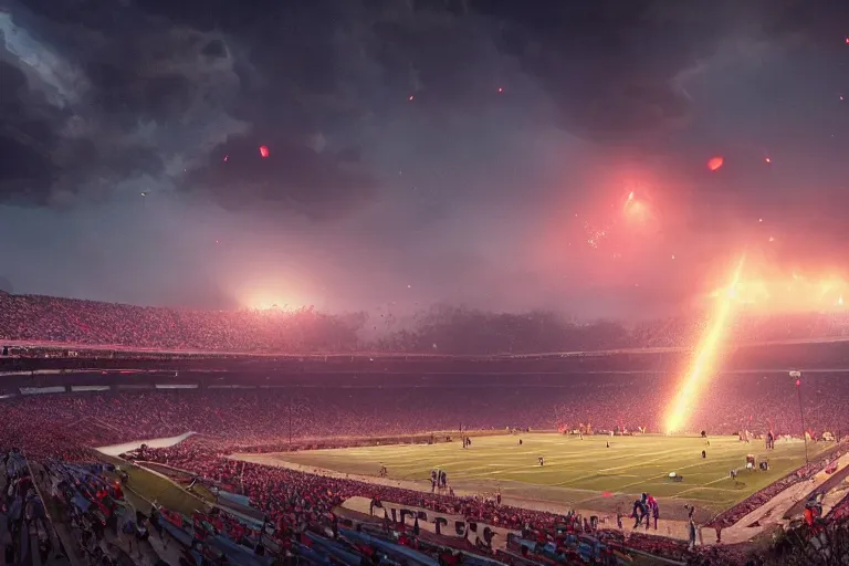 Prompt: meteors fall from the red sky down to a crumbling football stadium, crowds panic, cinematic lighting by jessica rossier, realistic, highly - detailed, 8 k, photorealistic, hyper detailed, unreal engine 5, imax quality, cinematic, epic lighting, football live, live sports