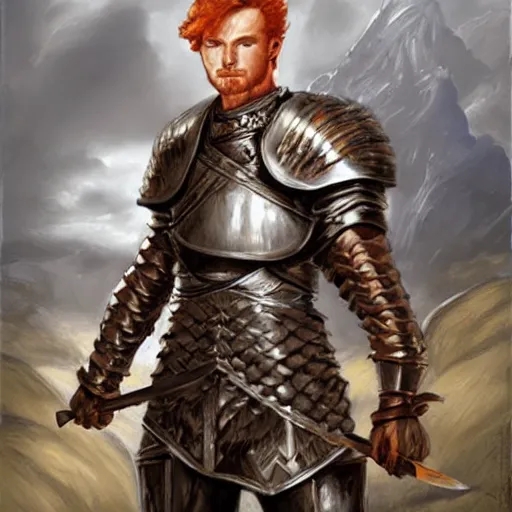 Prompt: d&d fighter wearing leather armour, holding great sword, ginger hair, painting by zoltan boros, matte painting