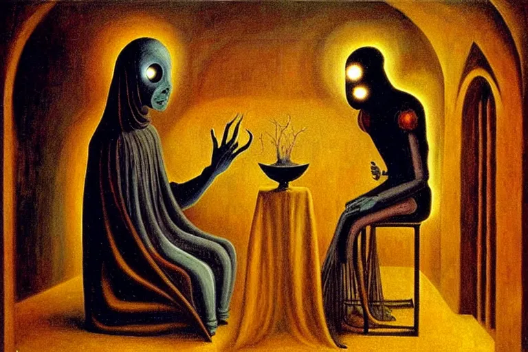 Image similar to a beautiful masterpiece painting of a cybernetic technomancer wizard consulting his AI djinn by Remedios Varo