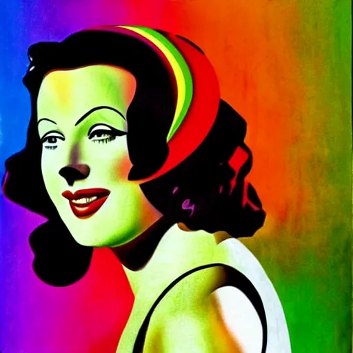 Prompt: rainbow smiling happy hedy lamarr. pop art.