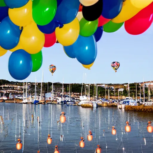 Image similar to photo of a lot of birthday balloons floating above a beautiful maritime port in bretagne. sharp focus, highly - detailed, award - winning