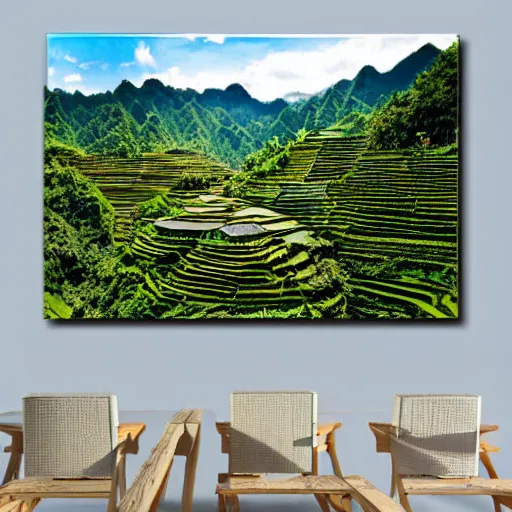 Image similar to a painting of banaue rice terraces, 8 k, high definition, highly detailed, photo - realistic