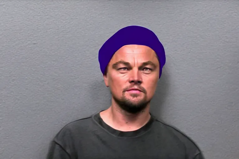 Image similar to medium full shot of leonardo dicaprio as a gang member wearing a purple head covering made from a polyester or nylon material and a stained white tank top caught doing crack inside a detroit gang trap house, arms covered in gang tattoo, paparazzi, leaked footage, uncomfortable, bad quality