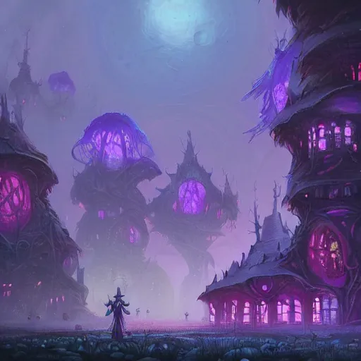 Image similar to concept art detailed painting of a dark purple fantasy fairytale fungal town made of mushrooms, with glowing blue lights, in the style of jordan grimmer and neil blevins and wayne barlowe