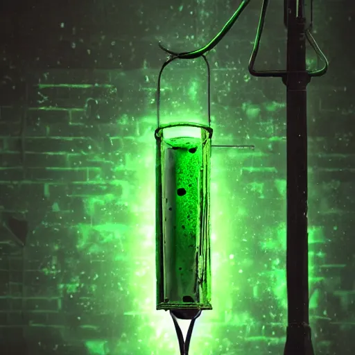 Image similar to green goo, glowing, dripping from a light post, dark alley, night, eerie scene, trending on artstation