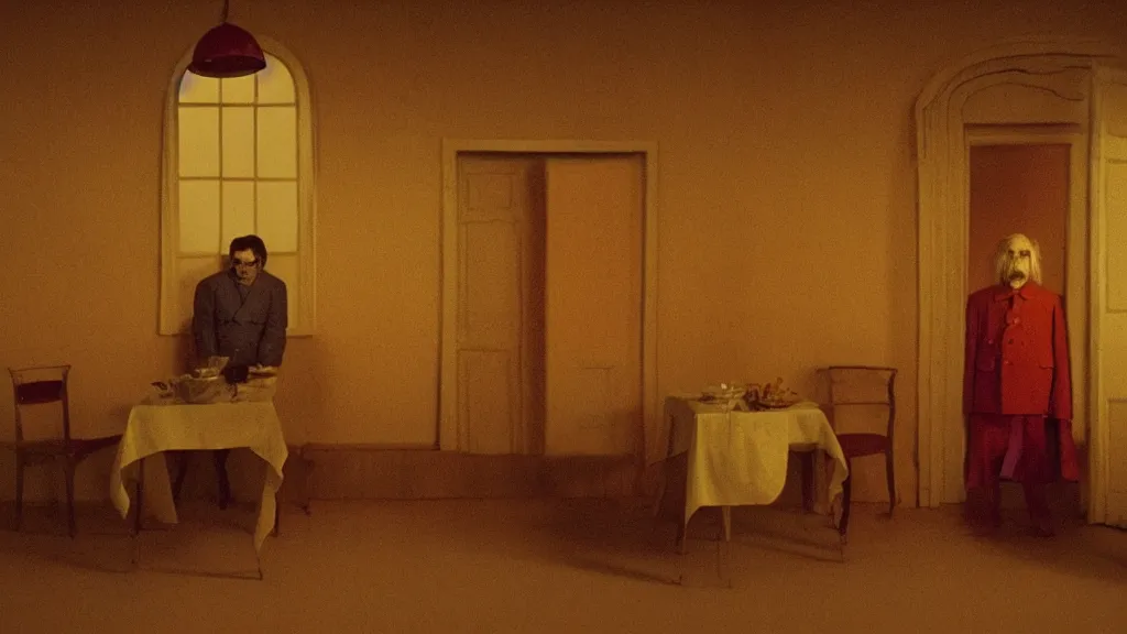 Image similar to I like to eat at night, film still from the movie directed by Wes Anderson with art direction by Zdzisław Beksiński, wide lens