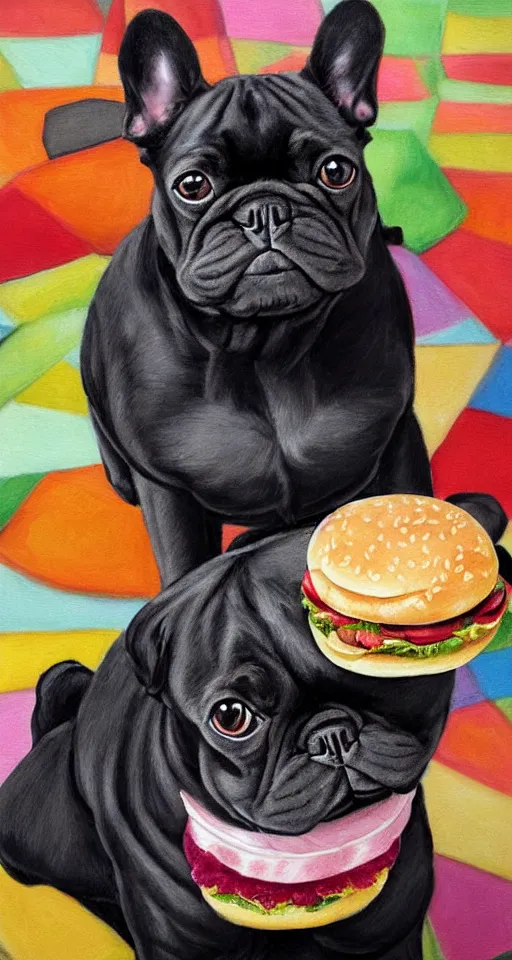 Image similar to painting of black french bulldog, portrait, tray of hamburgers, bright colors, highly detailed, rococo style painting