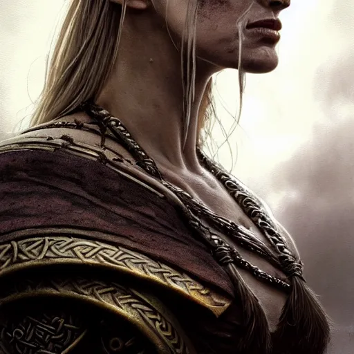 Prompt: Official low-angle photo of an attractive majestic fierce viking woman, leader, jaw-dropping, mind-blowing details, ethereal, fear, scarred, highly detailed, viking attire, cinematic, 16k, 1080s, smooth, sharp focus, by Stanley Artgermm, Tom Bagshaw, Greg Rutkowski, Vincent di Fate, Carne Griffiths, Ayami Kojima, WLOP, trending on DeviantArt, hyper detailed, full of color, digital art, Vibrant colors, Smooth gradients, High contrast, depth of field, aperture f2.8