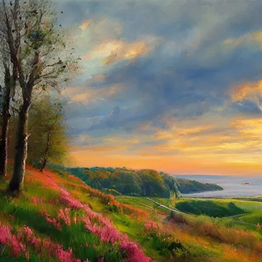 Prompt: Swedish countryside, freedom, dawn, archipelago, painting by Vladimir Volegov