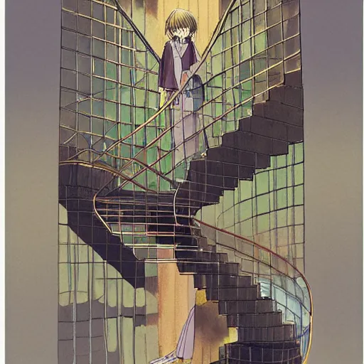 Image similar to a kaleidoscope staircase by Studio ghibli, Kentaro Miura, Hiromu Arakawa, Koyoharu Gotouge, Takeshi obata, concept art, golden ratio