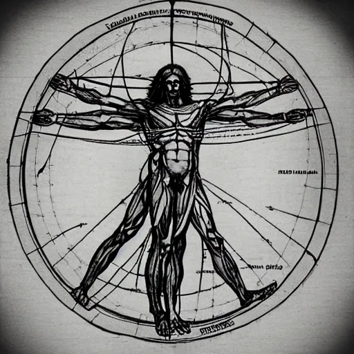 Prompt: vitruvian man, cthulhu, diagram