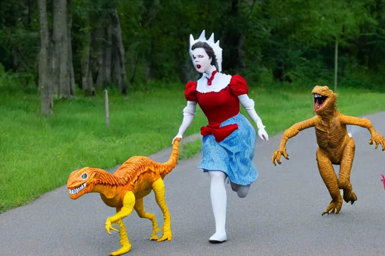 Prompt: Dorothy from the wizard of oz being chased down the yellow brick road by a velociraptor