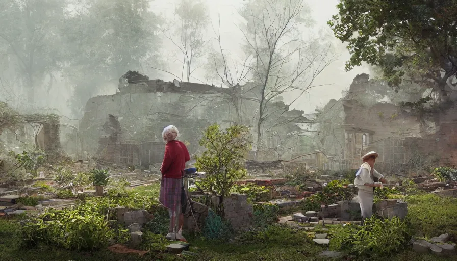 Image similar to old lady working in a craft garden in washington dc's ruins, vegetation, collapsed buildings, debris, cloudy day, volumetric light, hyperdetailed, artstation, cgsociety, 8 k