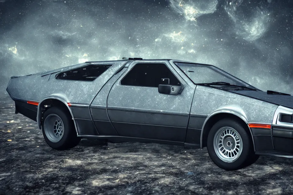 Prompt: ultra realistic toyta trueno ae 8 6 inspired by delorean dmc 5 drifting on ancient space highway wreckage in space, dark cinematic, volumetric, realistic, 3 d render, realistic render, cinematic lighting, volumetric lighting, atmospheric, cinematic, unreal engine 5, unreal engine render, octane render, hd, photorealism, hyper realistic, 8 k