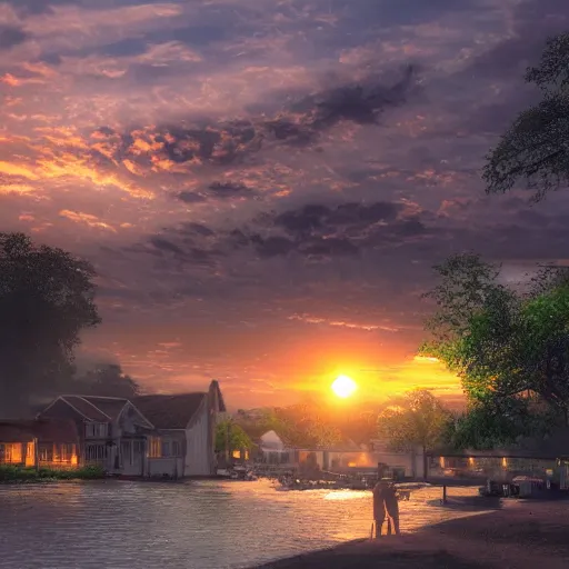 Prompt: realistic photo of village by the river, sunset, detailed, trending on artstation