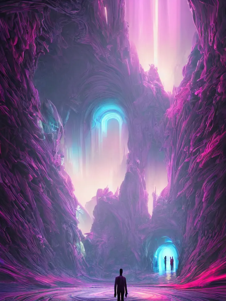 Image similar to entrance to ethereal realm, god waiting, rendered in unreal engine, central composition, symmetrical composition, dreamy colorful cyberpunk colors, 6 point perspective, fantasy landscape with anthropomorphic!!! terrain!!! in the styles of igor morski, jim warren, and rob gonsalves, intricate, hyperrealistic, volumetric lighting, neon ambiance, distinct horizon