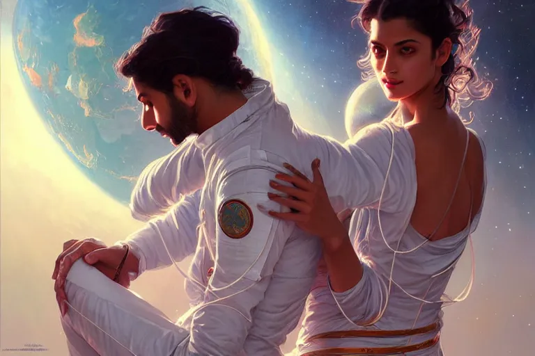 Image similar to Sensual good looking pale young Indian doctors wearing jeans in a space station above Earth, portrait, elegant, intricate, digital painting, artstation, concept art, smooth, sharp focus, illustration, art by artgerm and greg rutkowski and alphonse mucha