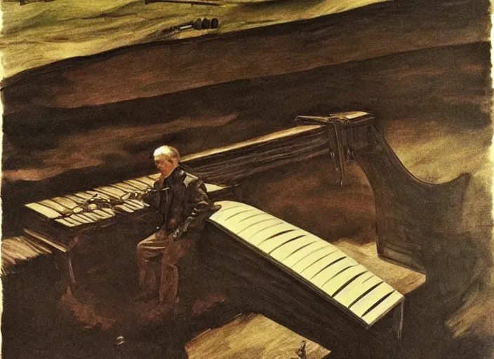 Image similar to mad max fury style pipe organ, painting by andrew wyeth, very detailed, somber mood,