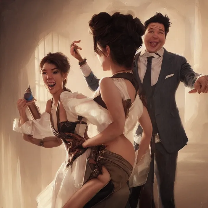 Image similar to michael mcintyre flirting with a singing waitress, elegant, real life skin, intricate artwork, high detailed, artstation, concept art, smooth, sharp focus, art by artgerm and greg rutkowski