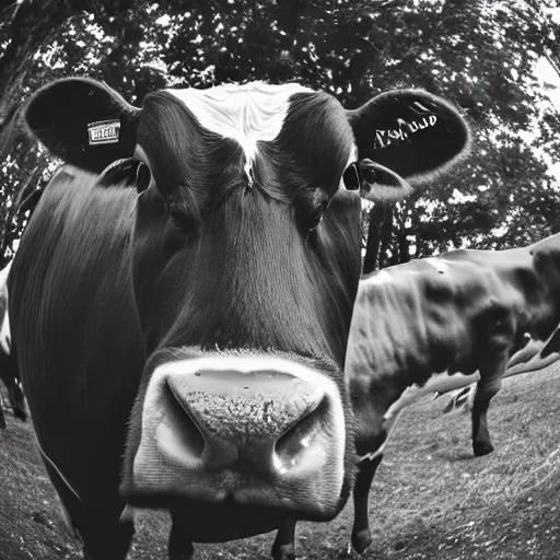 Prompt: a photo of a cow, taken with a fisheye lens