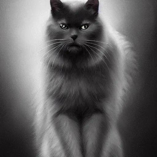 Image similar to a big dark grey cat with white belly, white paws and white face markings with long fur and fluffy tail sitting, intricate, elegant, highly detailed, digital painting, artstation, concept art, matte, sharp focus, illustration, art by Artgerm and Greg Rutkowski and Alphonse Mucha