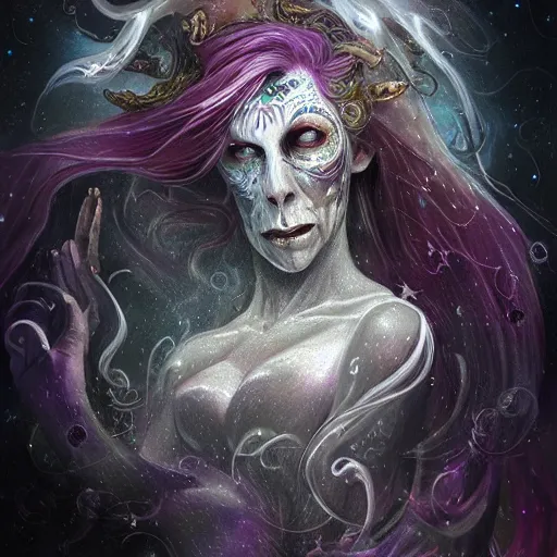 Image similar to a wlop 3 d render of very very very very highly detailed beautiful mystic portrait of a phantom undead unicorn with whirling galaxy around, tattoos by anton pieck, intricate, extremely detailed, digital painting, artstation, concept art, smooth, sharp focus, illustration, intimidating lighting, incredible art,