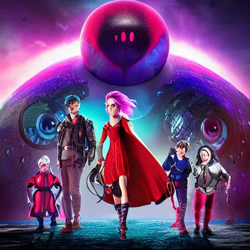 Image similar to promotional movie still, ladybug futuristic ( ( descendants ) ), ladybug quadruped with big rgb eyes, huge ladybug mothership, epic cosmos, dramatic lighting, the fellowship of the ring ( film ) genre. imax, 7 0 mm.