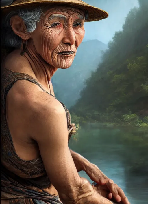 Image similar to photo of a gorgeous old young woman dressed as a man, climbing a river in tribal mountains the style of stefan kostic, realistic, sharp focus, 8k high definition, insanely detailed, intricate, elegant, art by stanley lau and artgerm