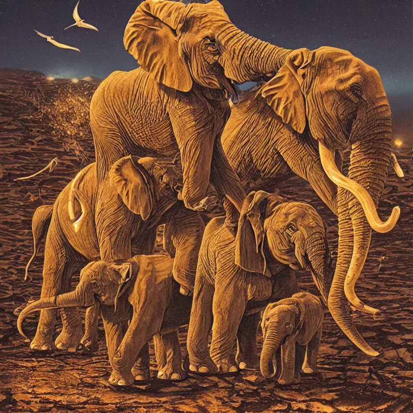 Image similar to elephant, lion, and fish strange anatomy in a desert at night. pulp sci - fi art.