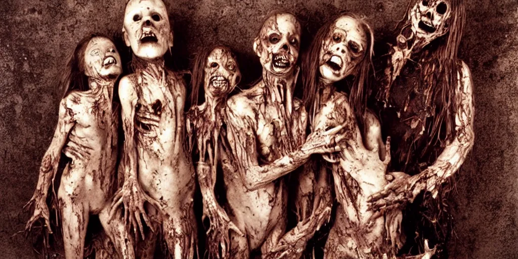 Image similar to studio portrait of a happy creepy mud familyby bob bottin, horror grotesque, realistic detailed photography, filth and grim 1 9 9 0's