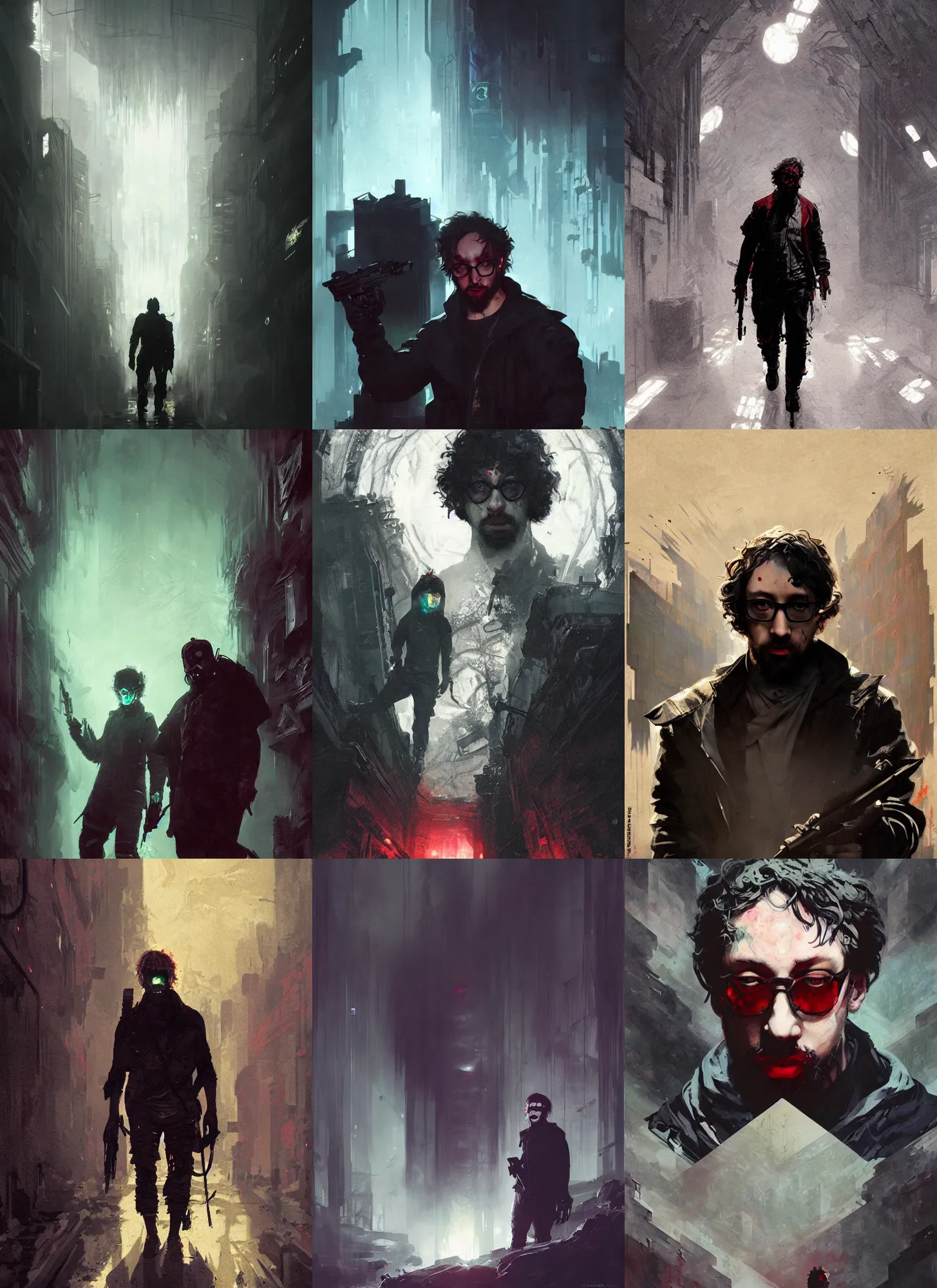 Prompt: sam hyde emerging from the dark shadows in cyberpunk theme by greg rutkowski, claude monet, conrad roset, takato yomamoto, frederick edwin church, rule of thirds, sigma look, beautiful,