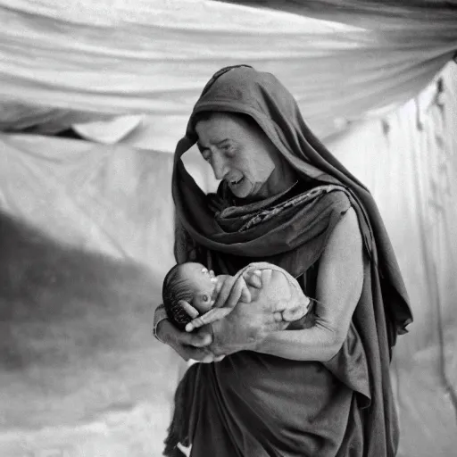 Image similar to film still of 80 year old sentimental Mediterranean skinned woman in ancient Canaanite clothing holding a newborn baby, crying, awe, love, ancient interior tent background, Biblical epic movie